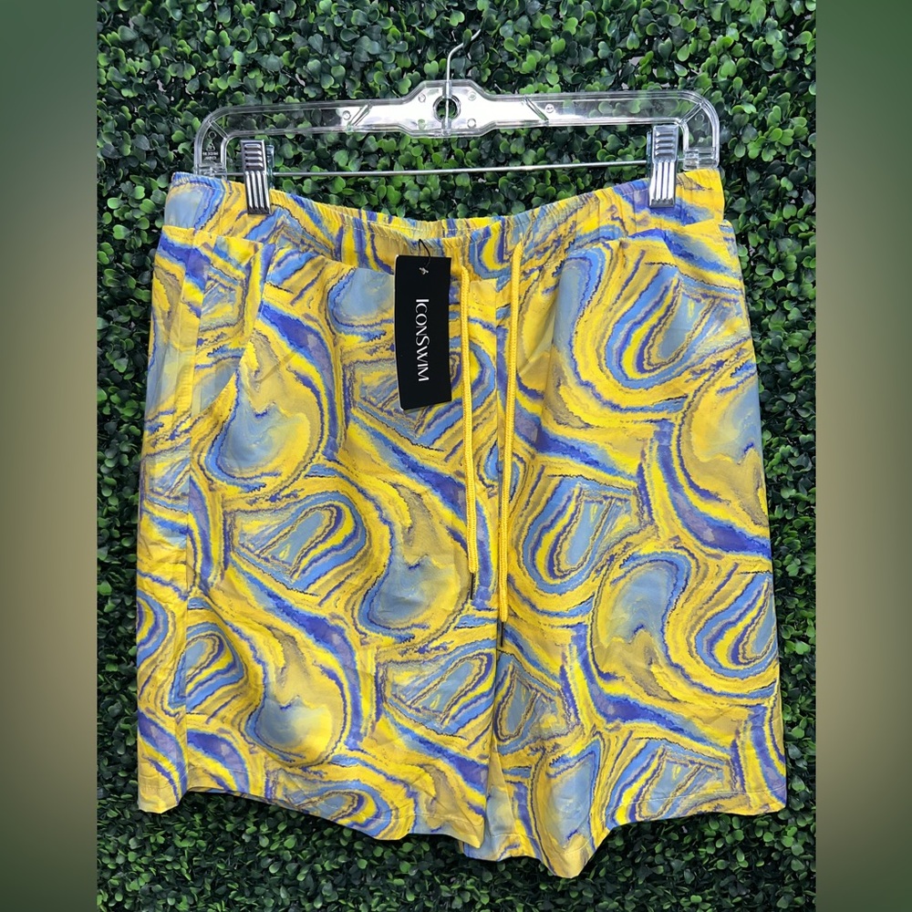 NWT ICON Yellow and Blue Beach Shorts Vibrant Design